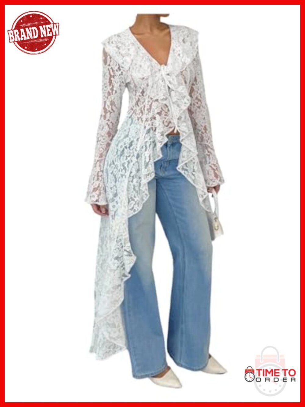 Floral Lace Tie Front Blouse Bell Sleeve V Neck Ruffle High Low Blouse